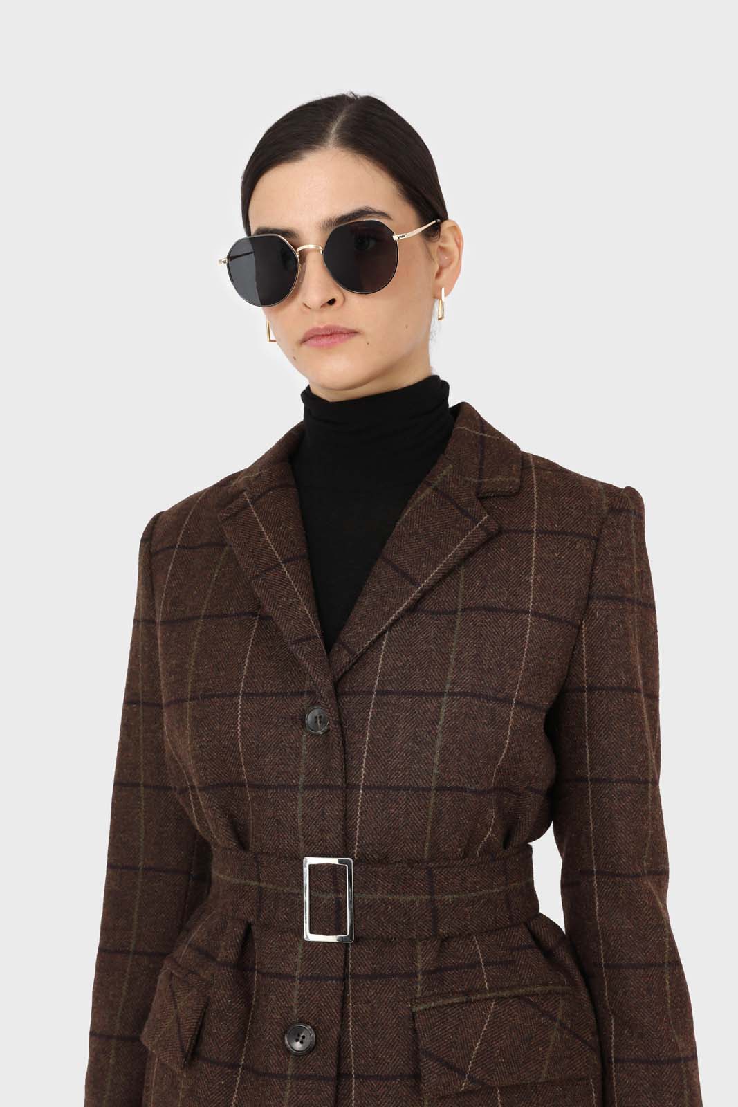 Brown checked wool blend thick belted blazer_5