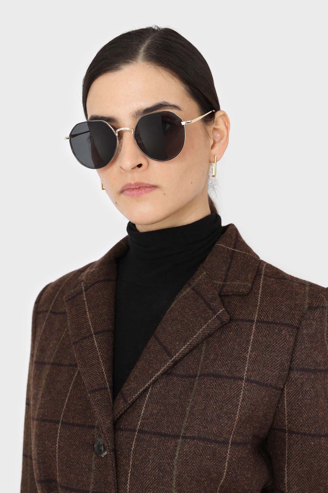 Brown checked wool blend thick belted blazer_6