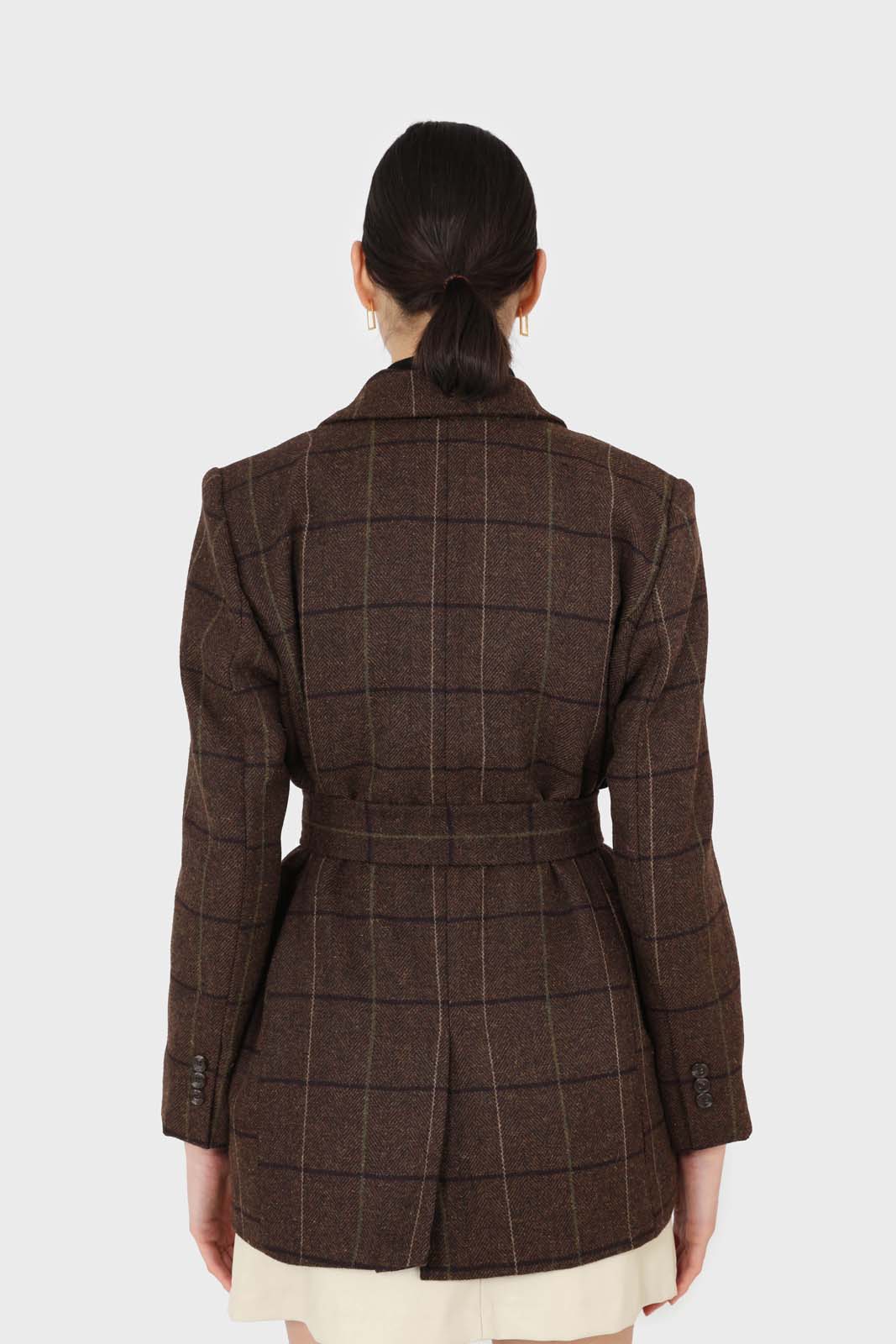 Brown checked wool blend thick belted blazer_7