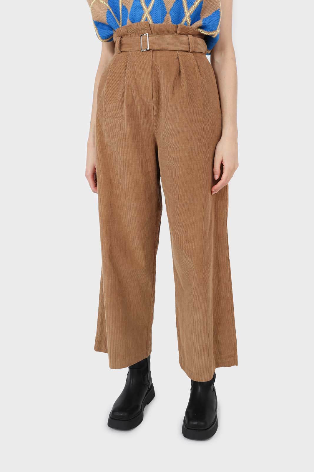 Beige micro corduroy belted loose fit trousers_1