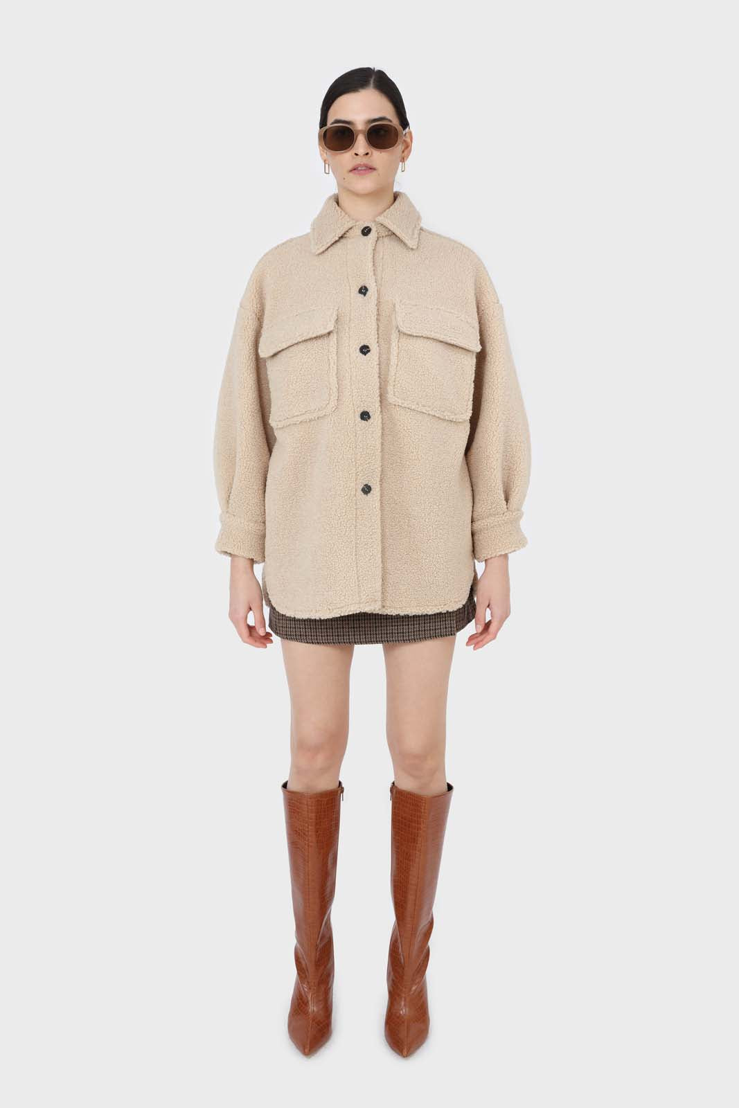 Beige checked button up wrap mini skirt_4