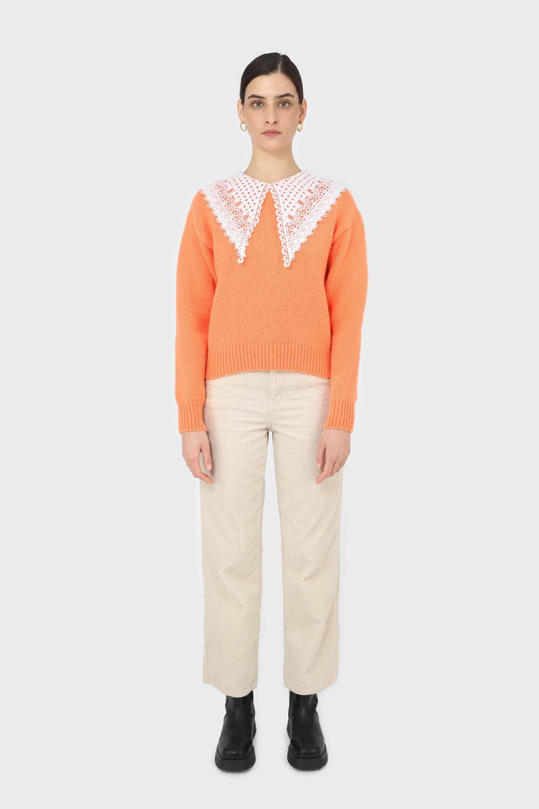 Orange large lace collar knit top_2