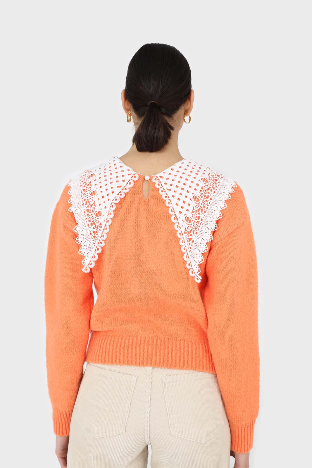 Orange large lace collar knit top_8