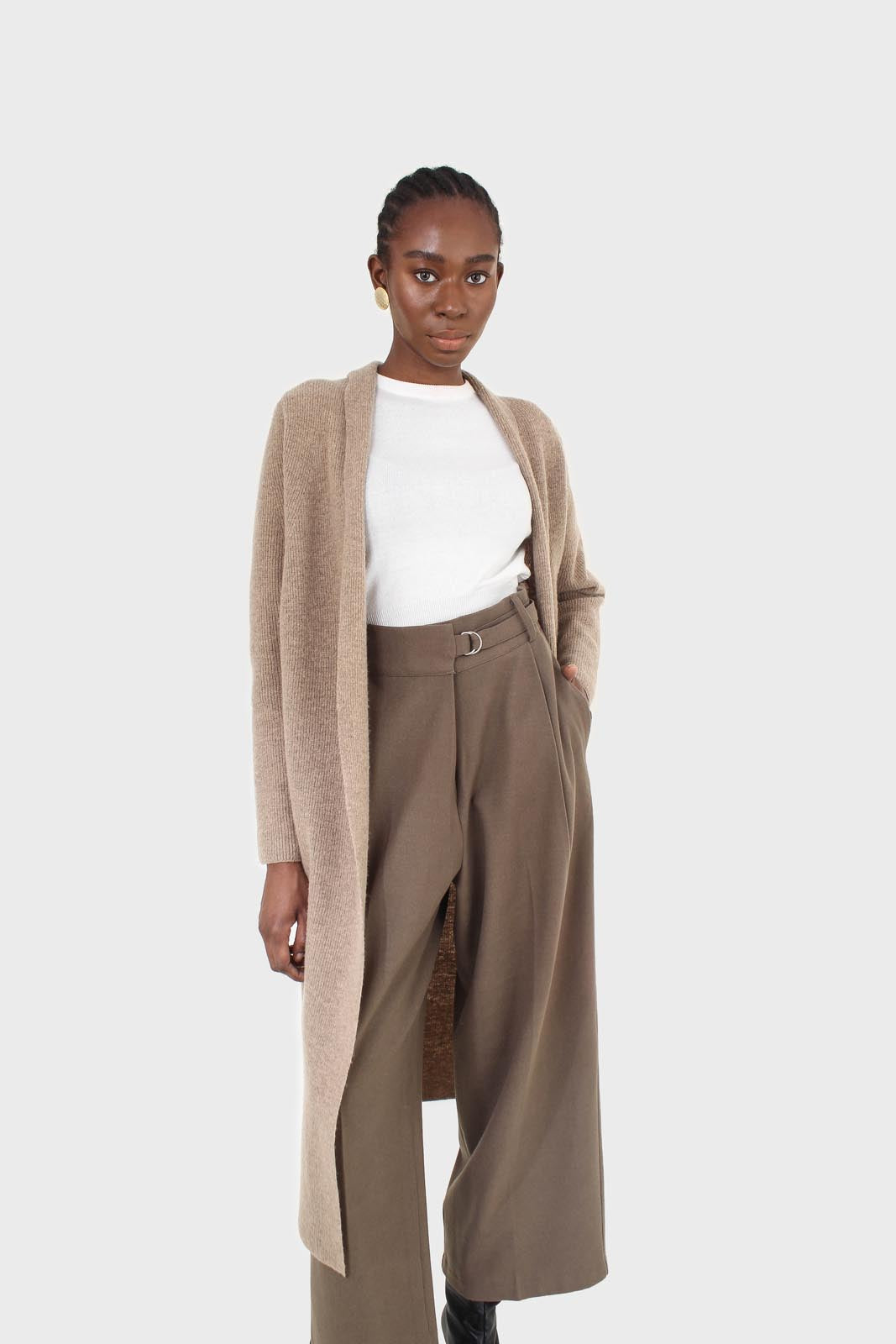 Brown tucked wrap belted loose fit trousers_13