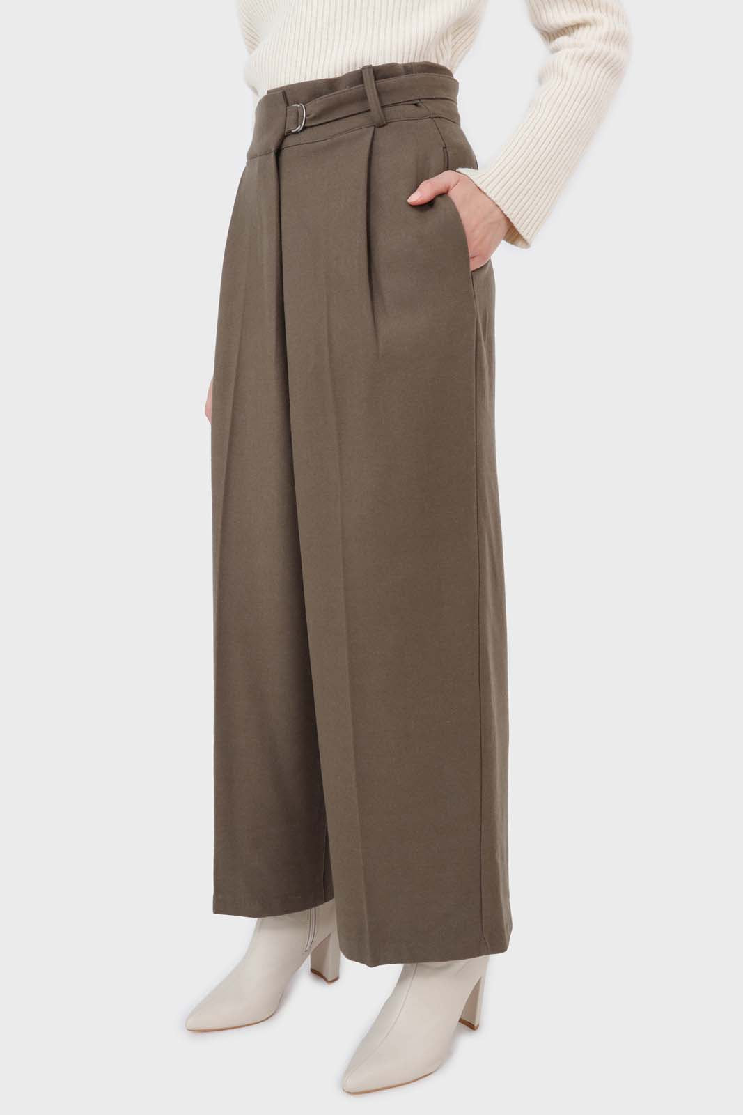 Brown tucked wrap belted loose fit trousers_5