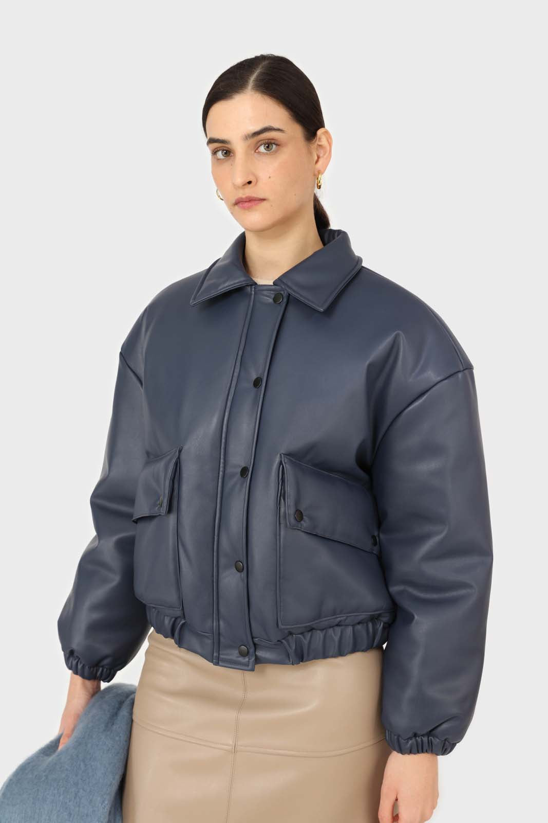 Navy vegan leather blouson jacket_1