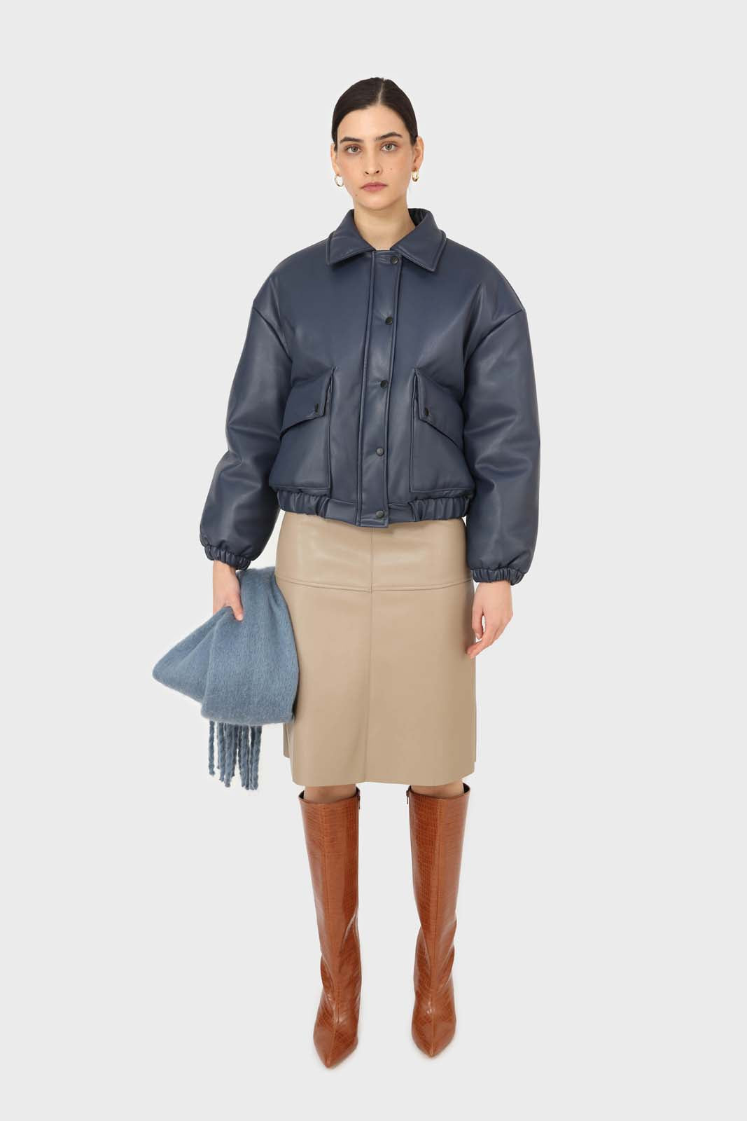 Navy vegan leather blouson jacket_2