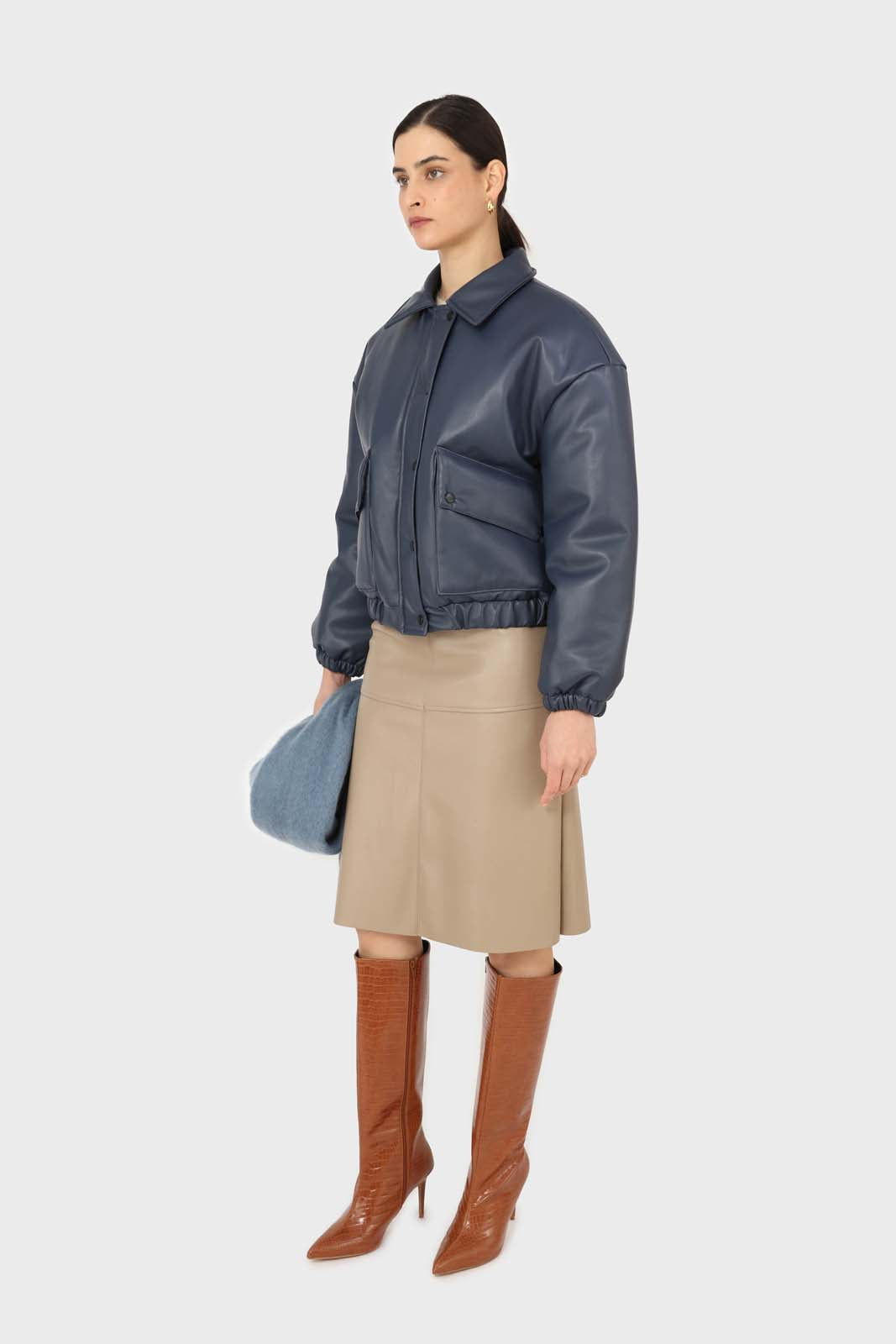 Navy vegan leather blouson jacket_3