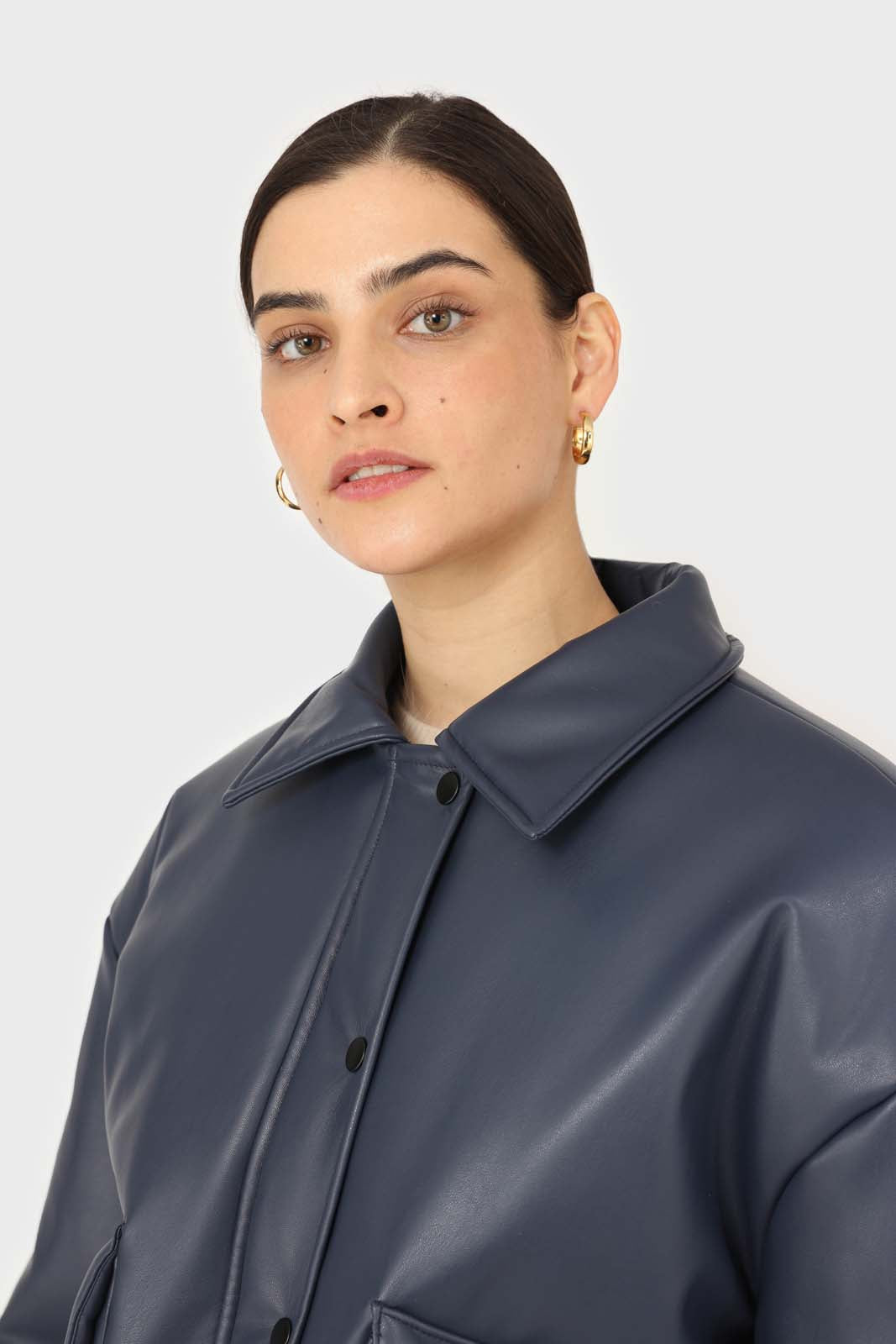 Navy vegan leather blouson jacket_5