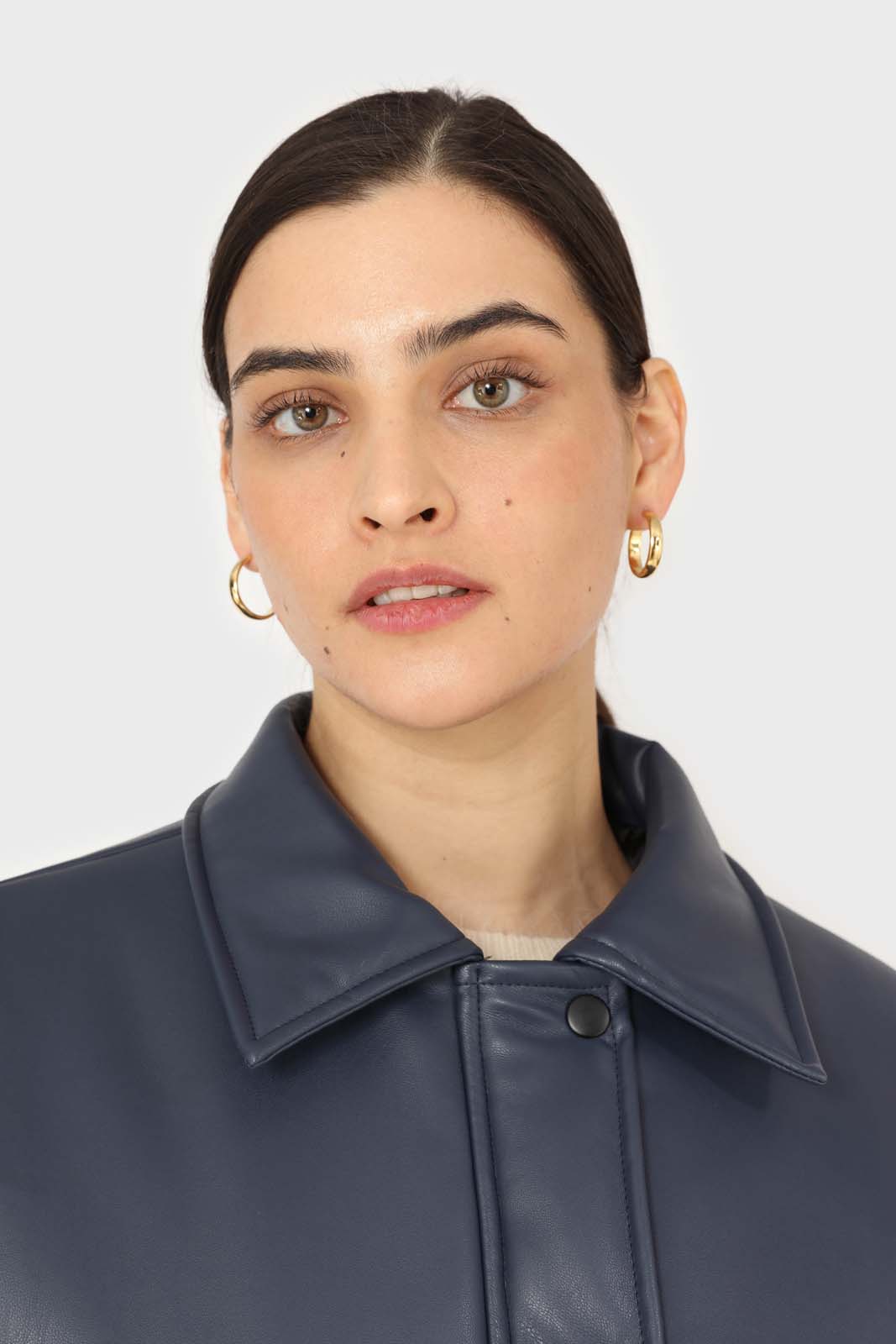 Navy vegan leather blouson jacket_6