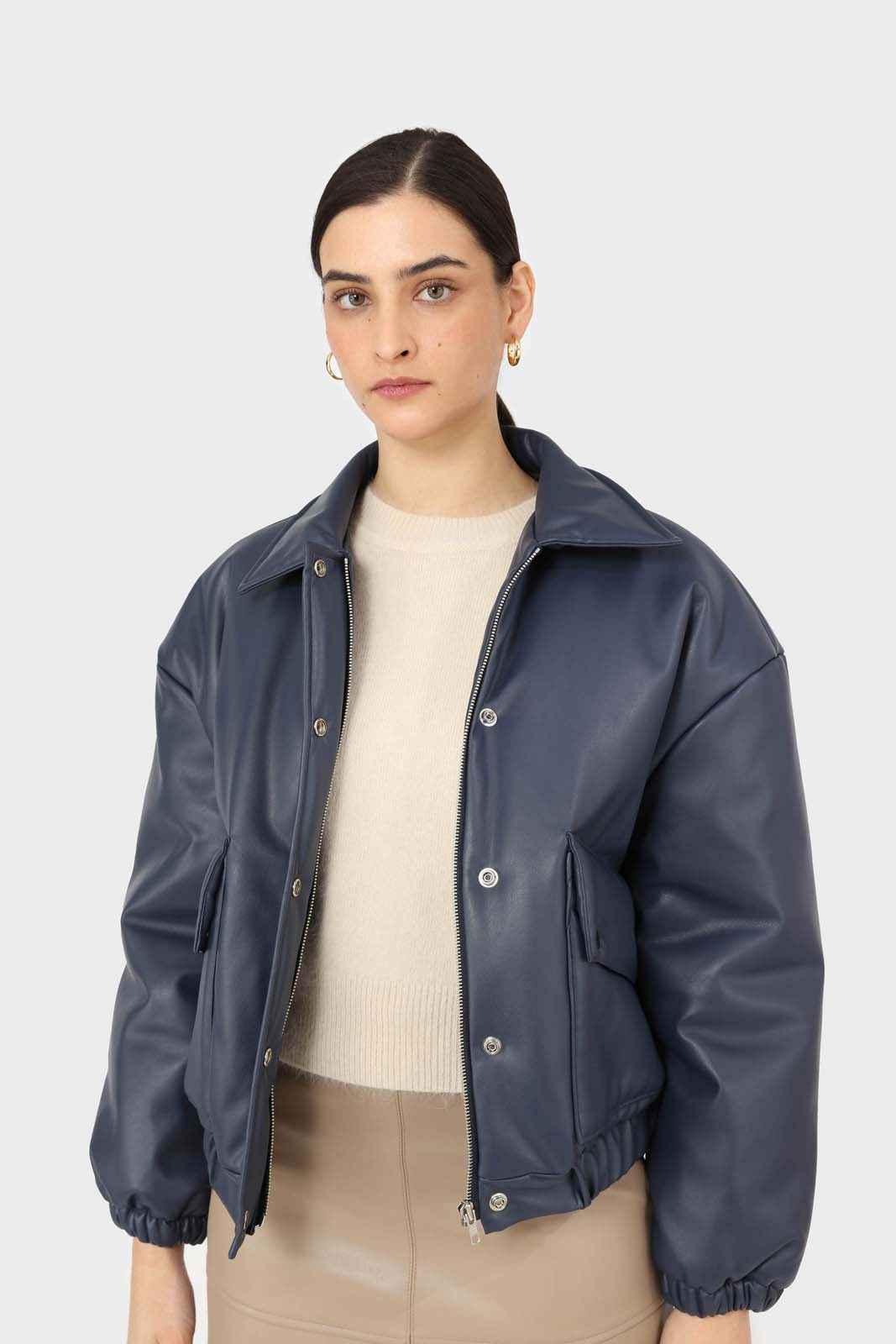 Navy vegan leather blouson jacket_8