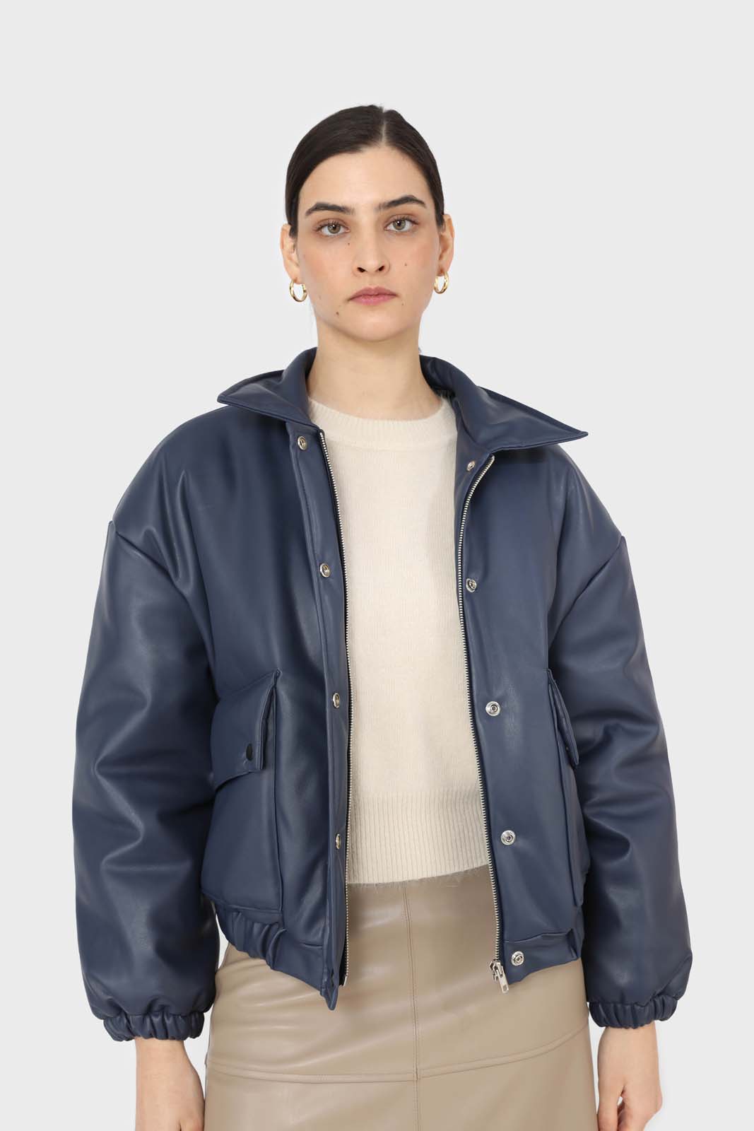 Navy vegan leather blouson jacket_9