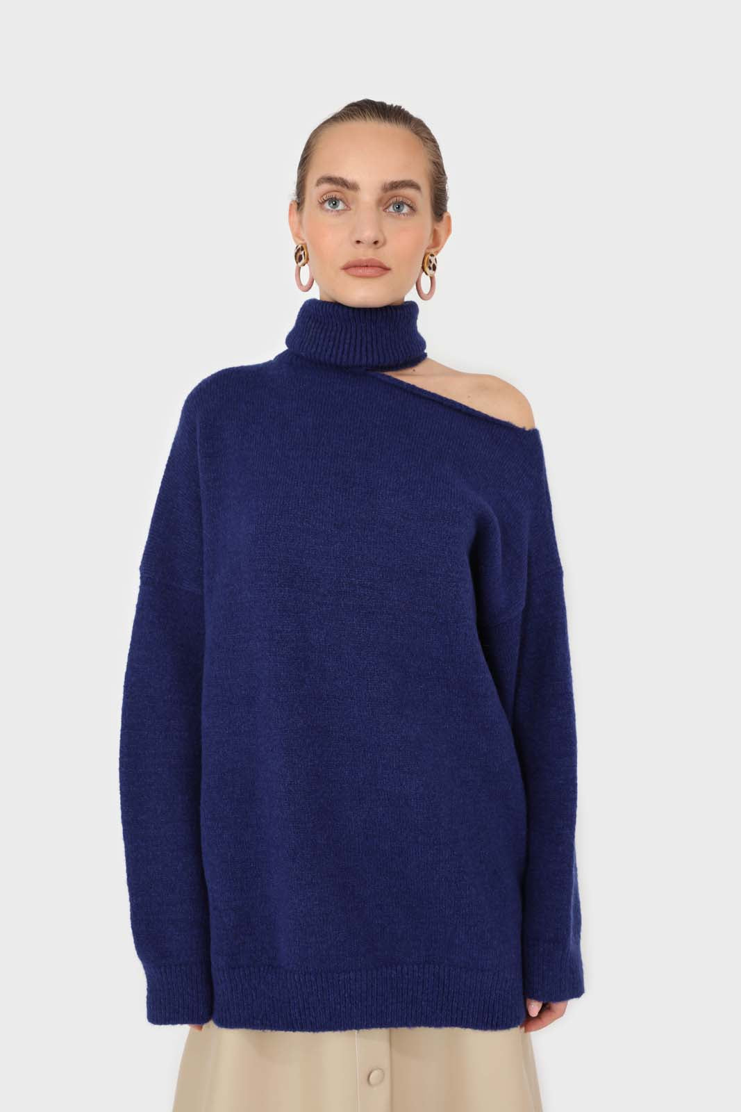 Cobalt blue slit neck turtleneck jumper_9