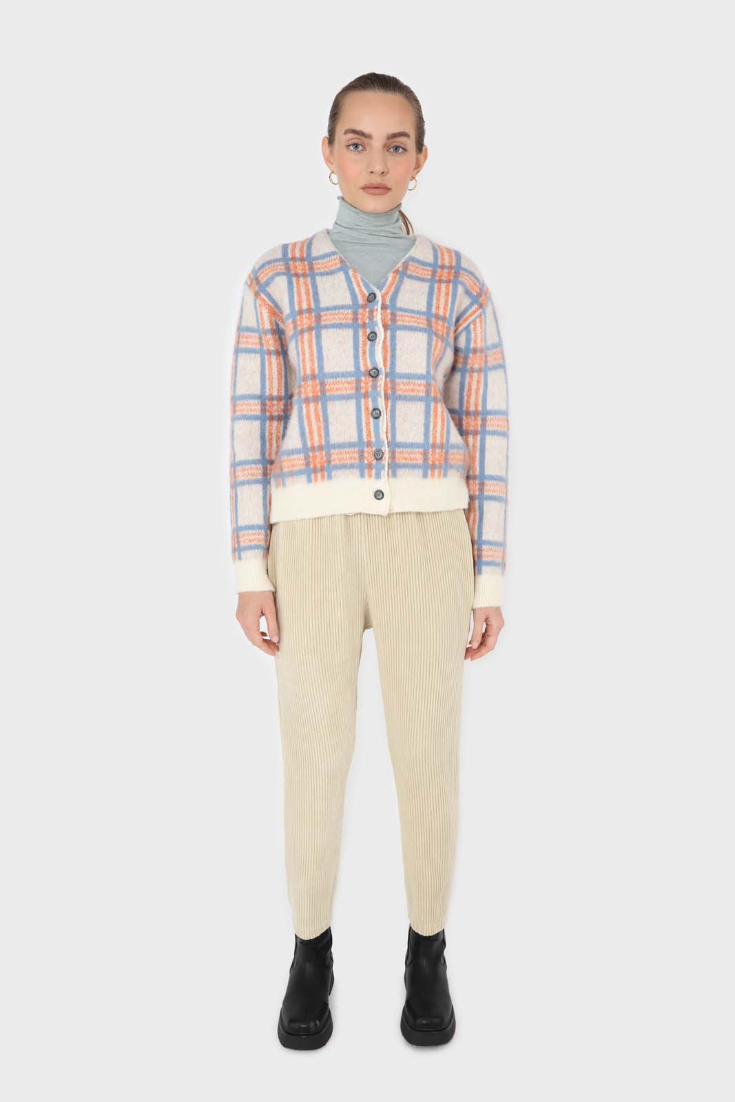 Ivory and orange multi check brushed cardigan_5