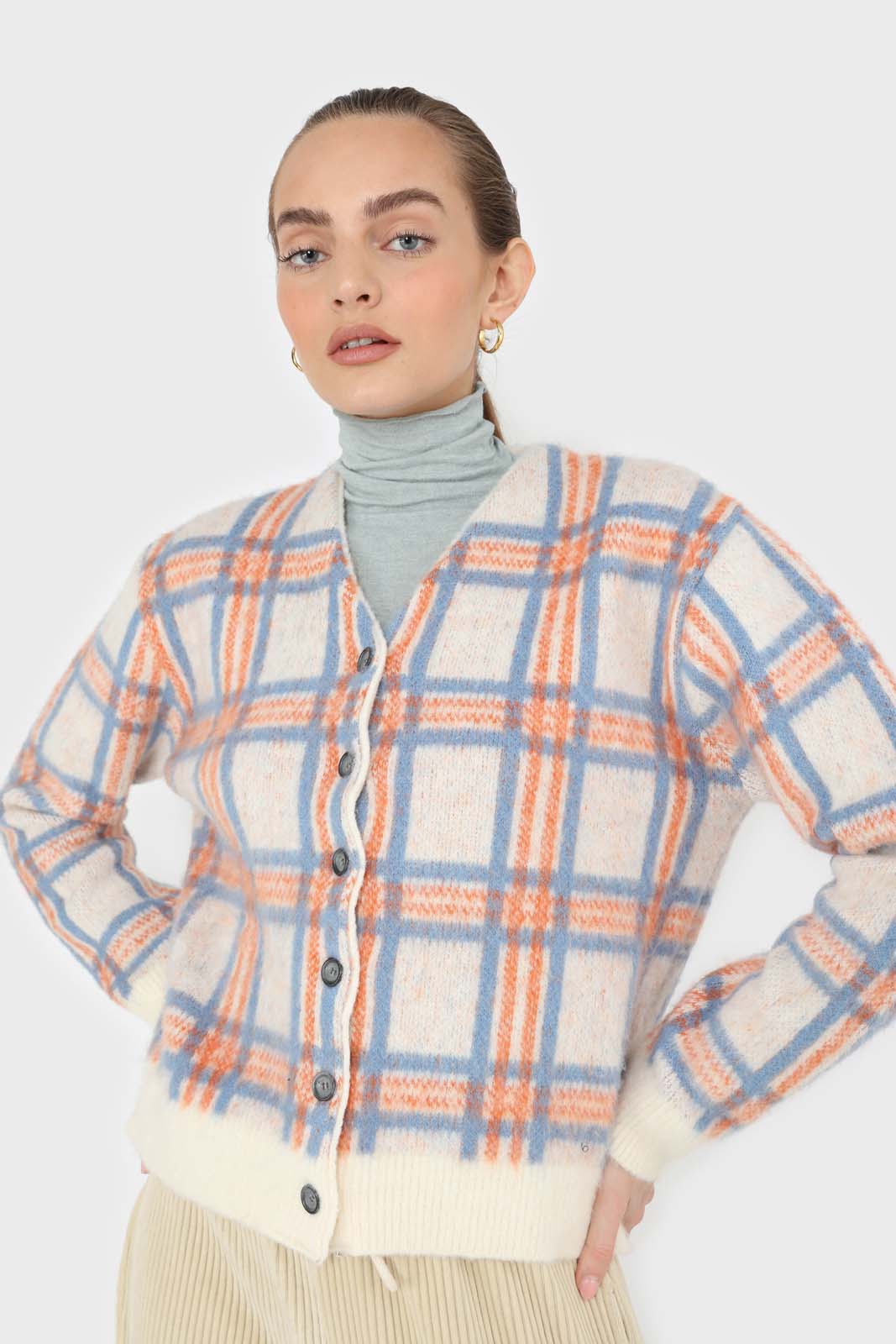 Ivory and orange multi check brushed cardigan_1
