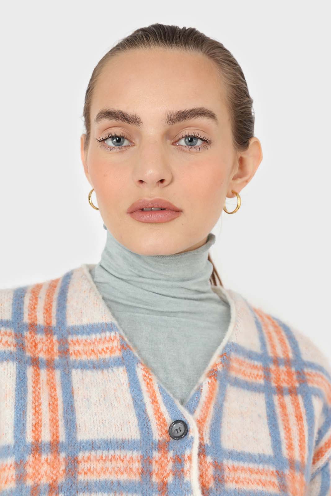 Ivory and orange multi check brushed cardigan_4