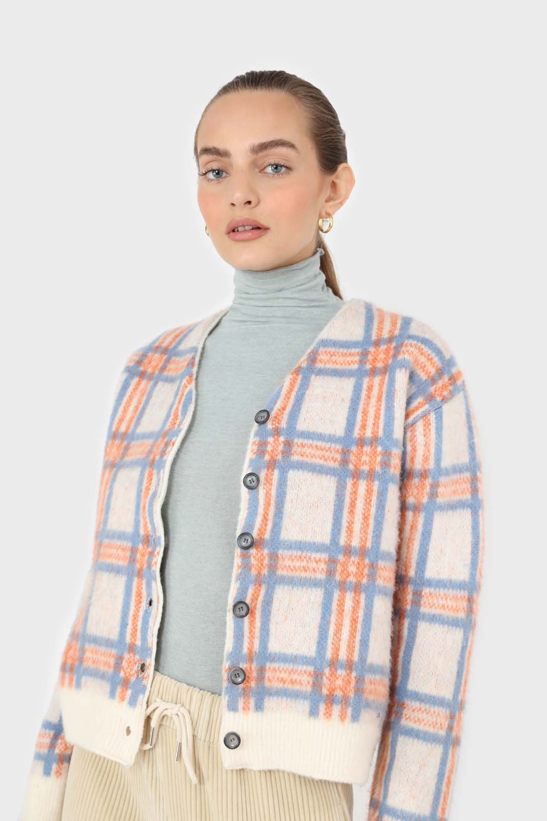 Ivory and orange multi check brushed cardigan_3