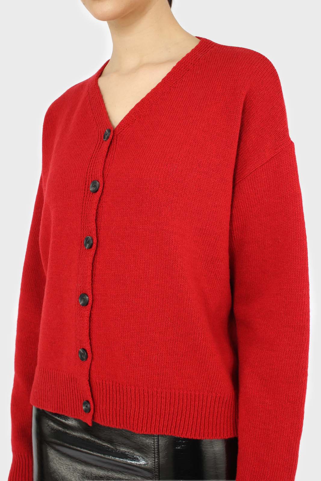 Red wool blend v-neck loose fit cardigan_7