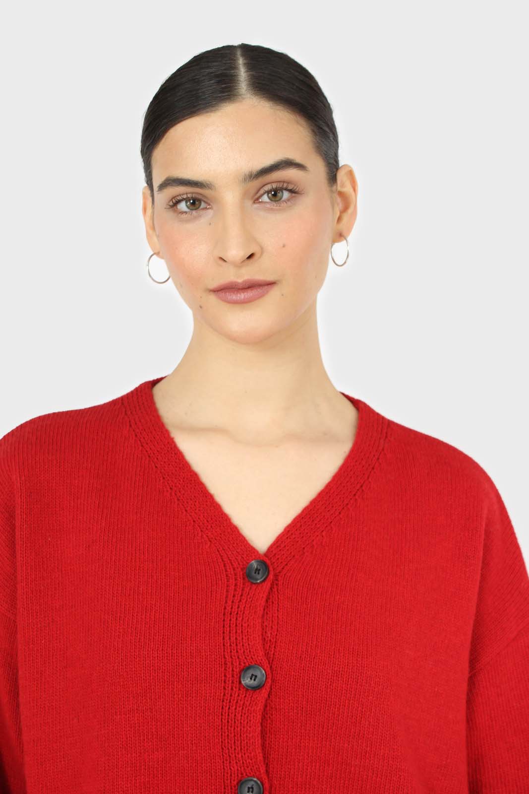 Red wool blend v-neck loose fit cardigan_8