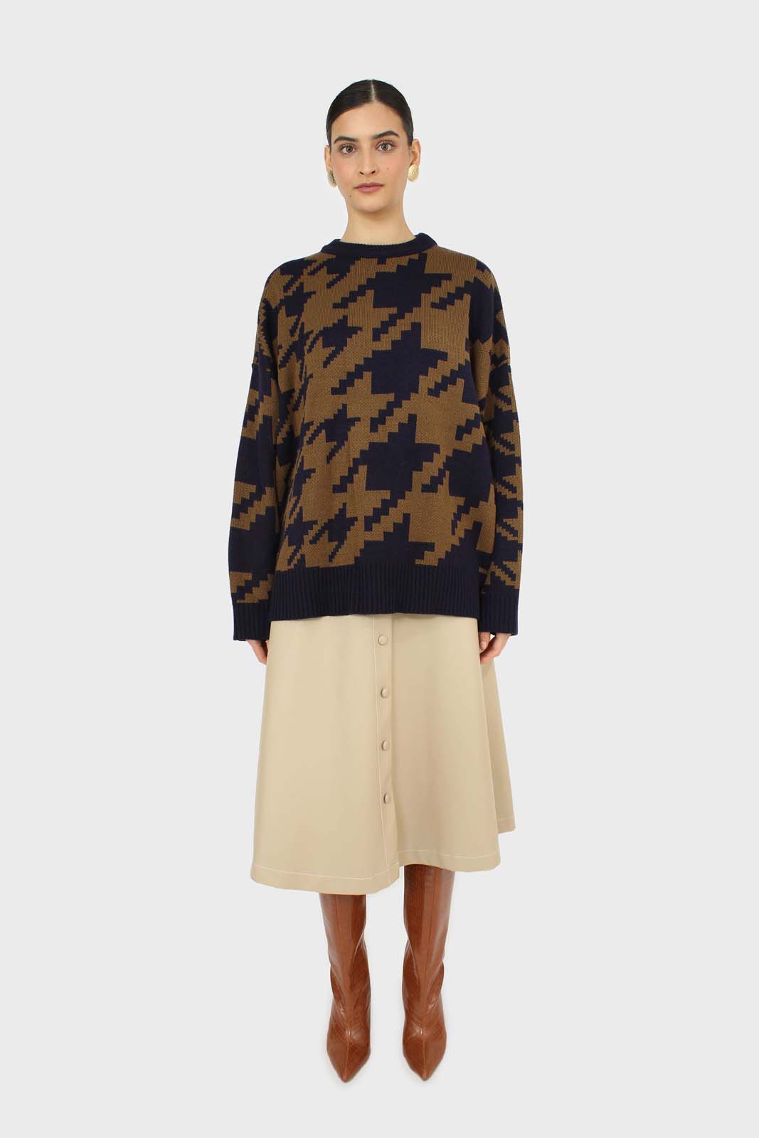 Navy and khaki houndstooth oversized jumper_2
