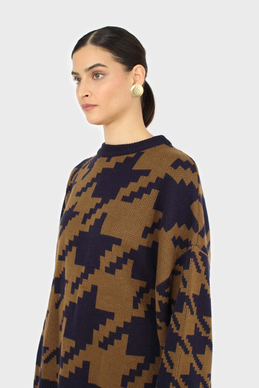 Navy and khaki houndstooth oversized jumper_7