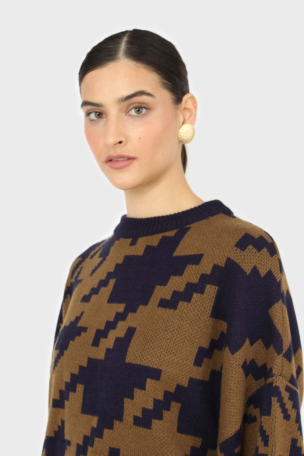 Navy and khaki houndstooth oversized jumper_8