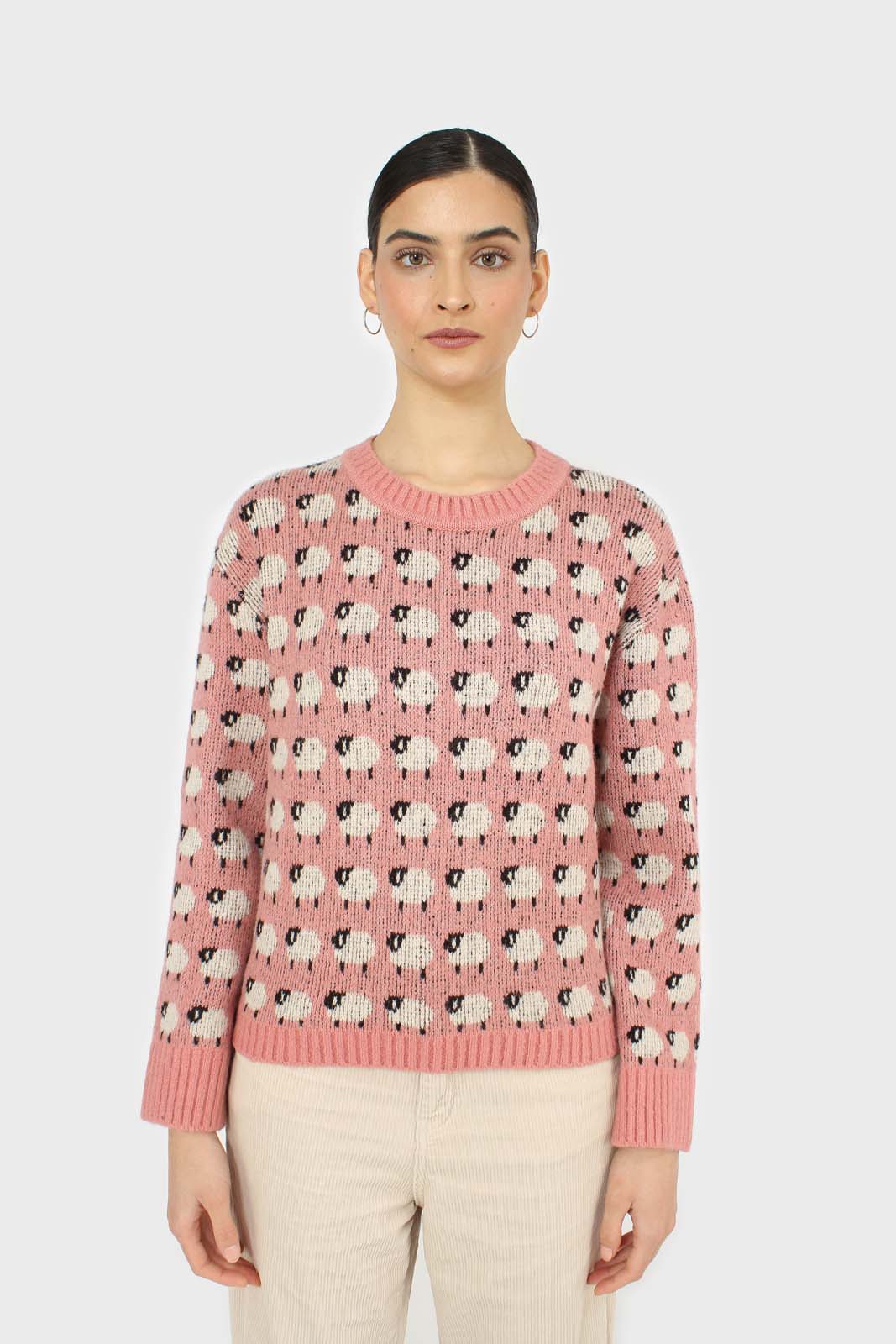 Pink intarsia sheep crew neck jumper_7