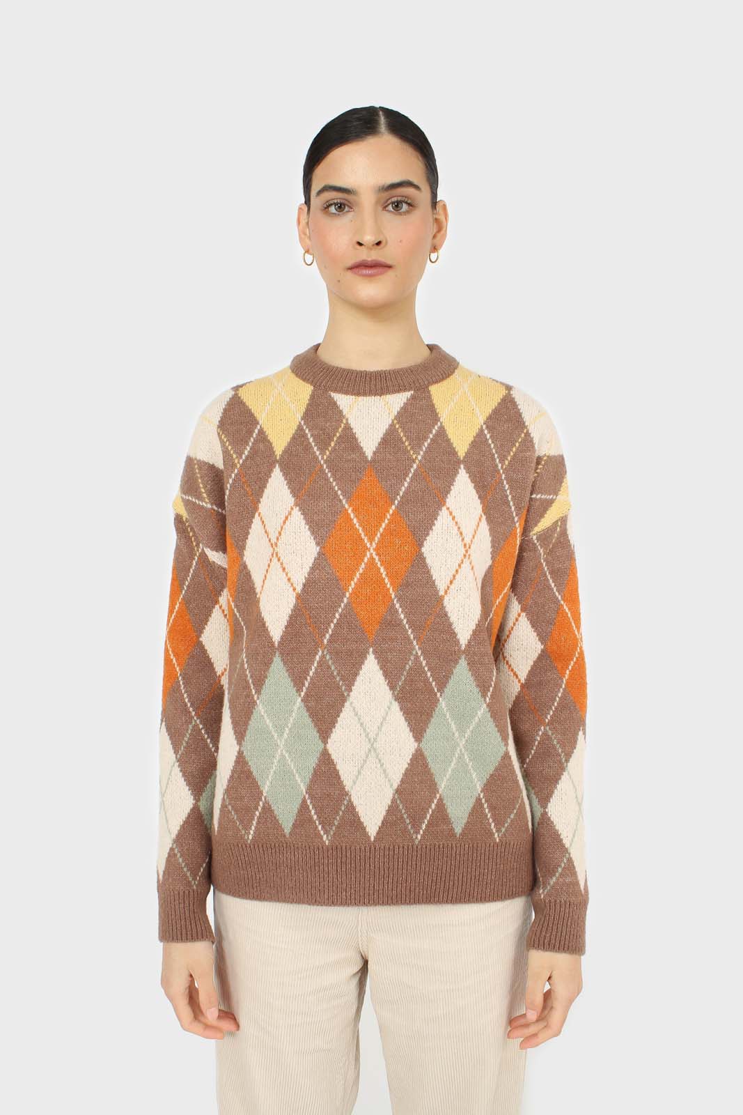 Brown and orange argyle crew neck jumper_2
