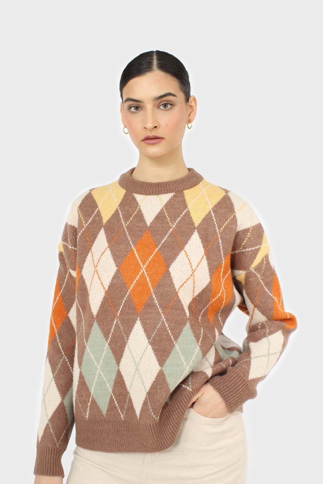 Brown and orange argyle crew neck jumper_1