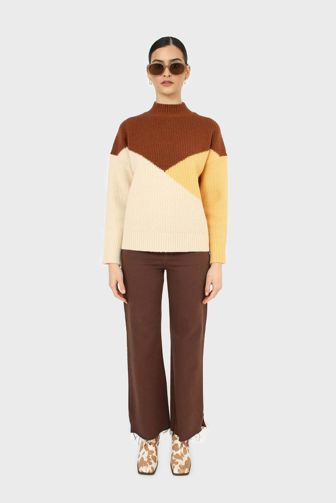 Brown and yellow diagonal block mock neck jumper_2