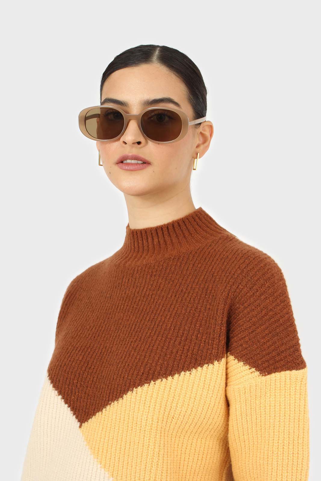 Brown and yellow diagonal block mock neck jumper_6