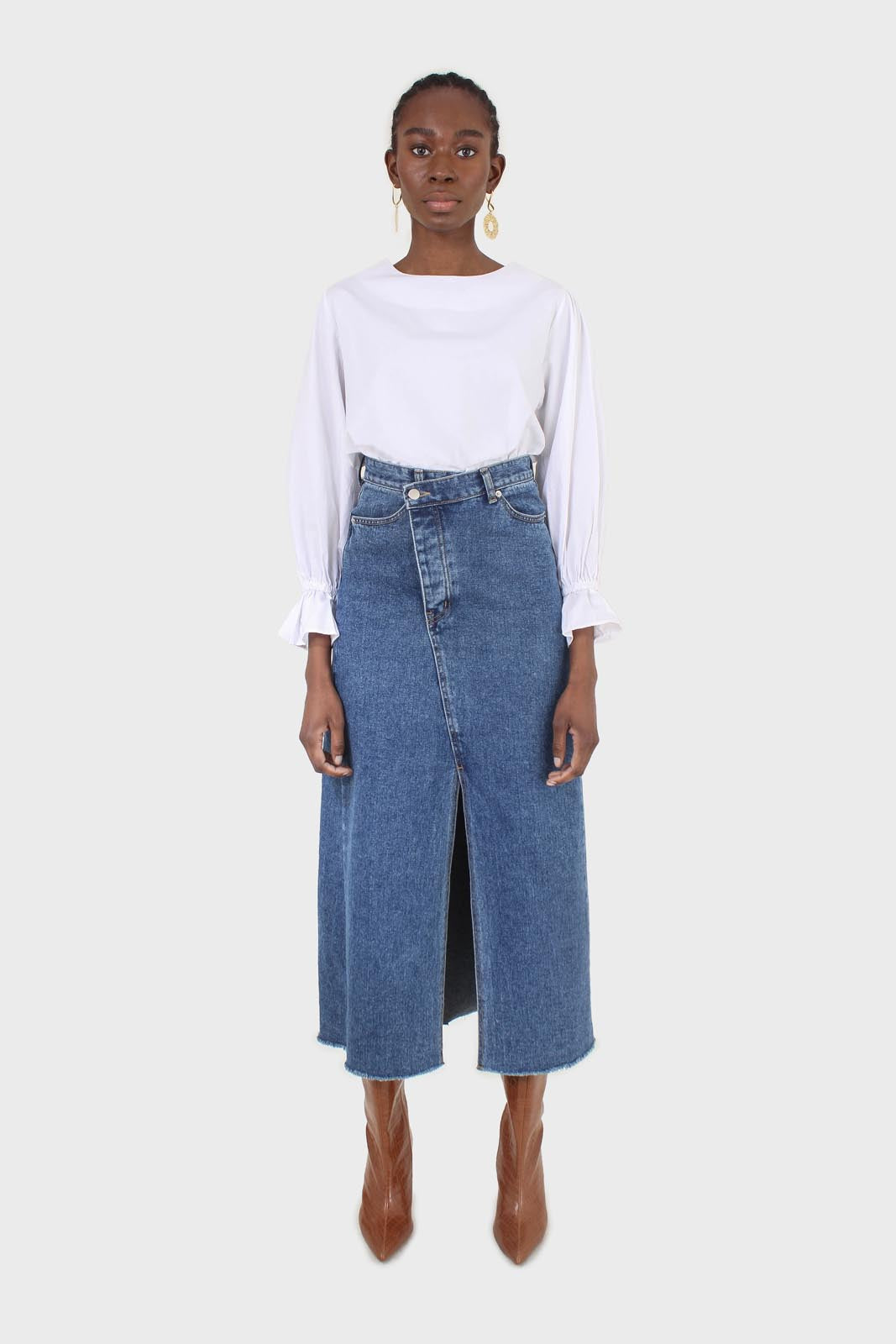 Mid blue denim front slit maxi skirt_11