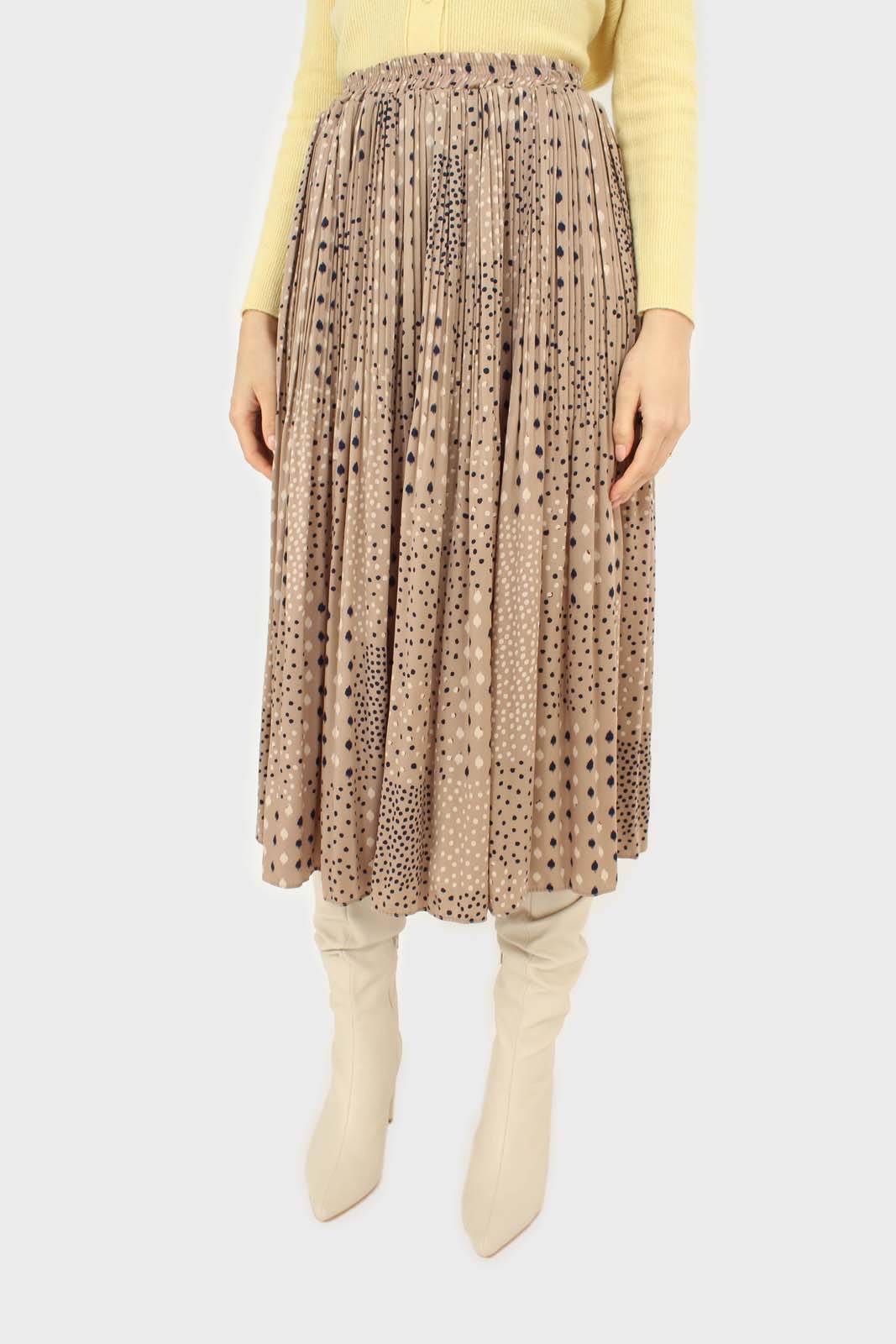 Beige leopard micro pleated satin skirt_1