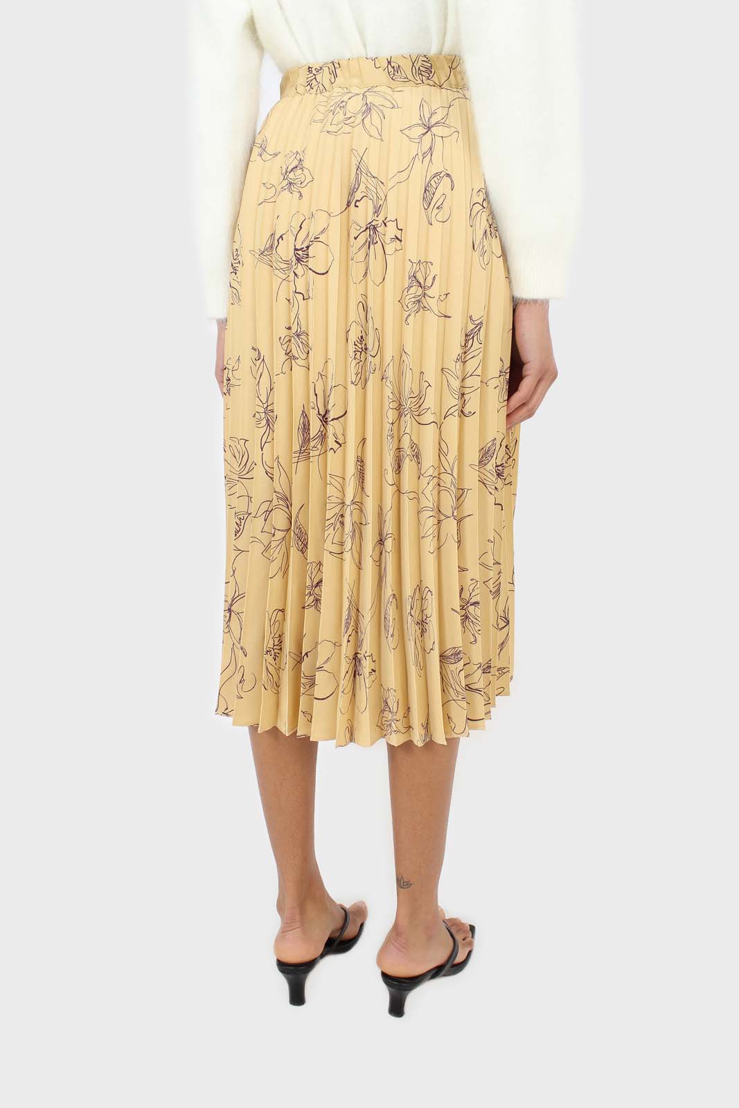 Pale yellow floral print pleated satin skirt_5