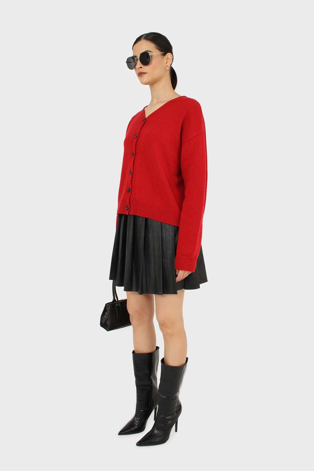 Black vegan leather large pleated mini skirt_1