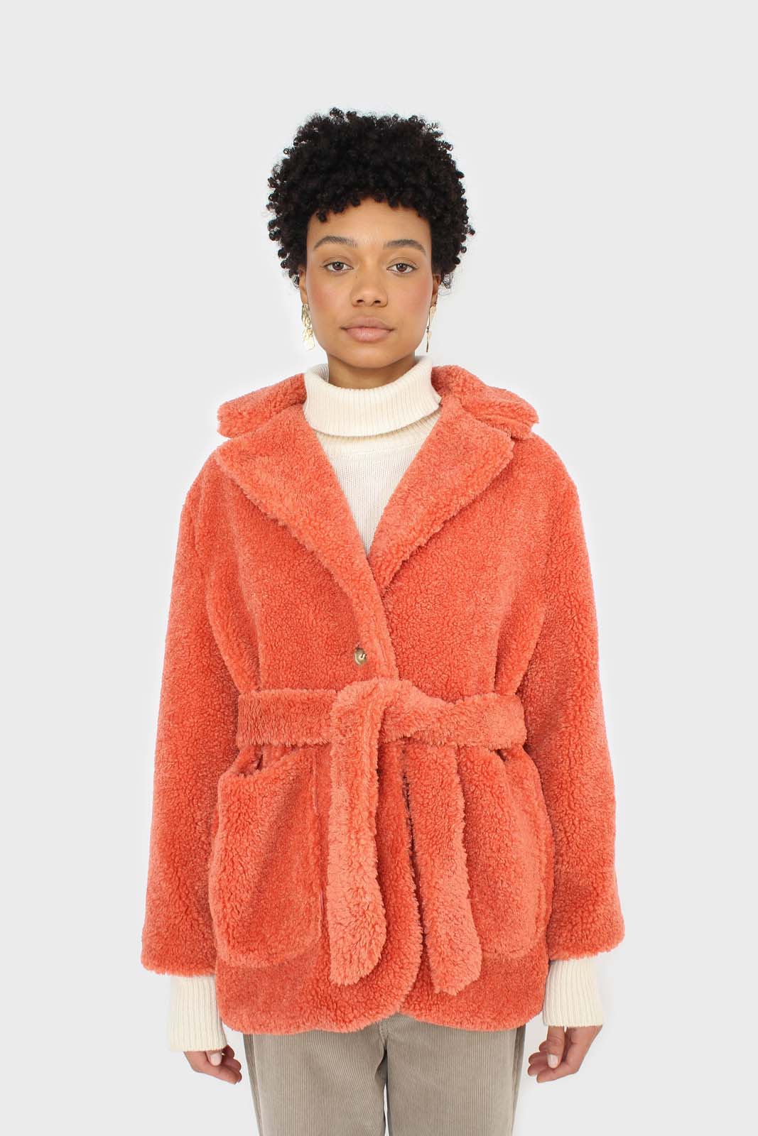 Coral teddy patch pocket belted jacket_1