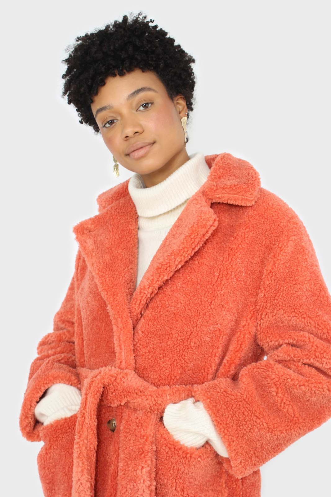 Coral teddy patch pocket belted jacket_6