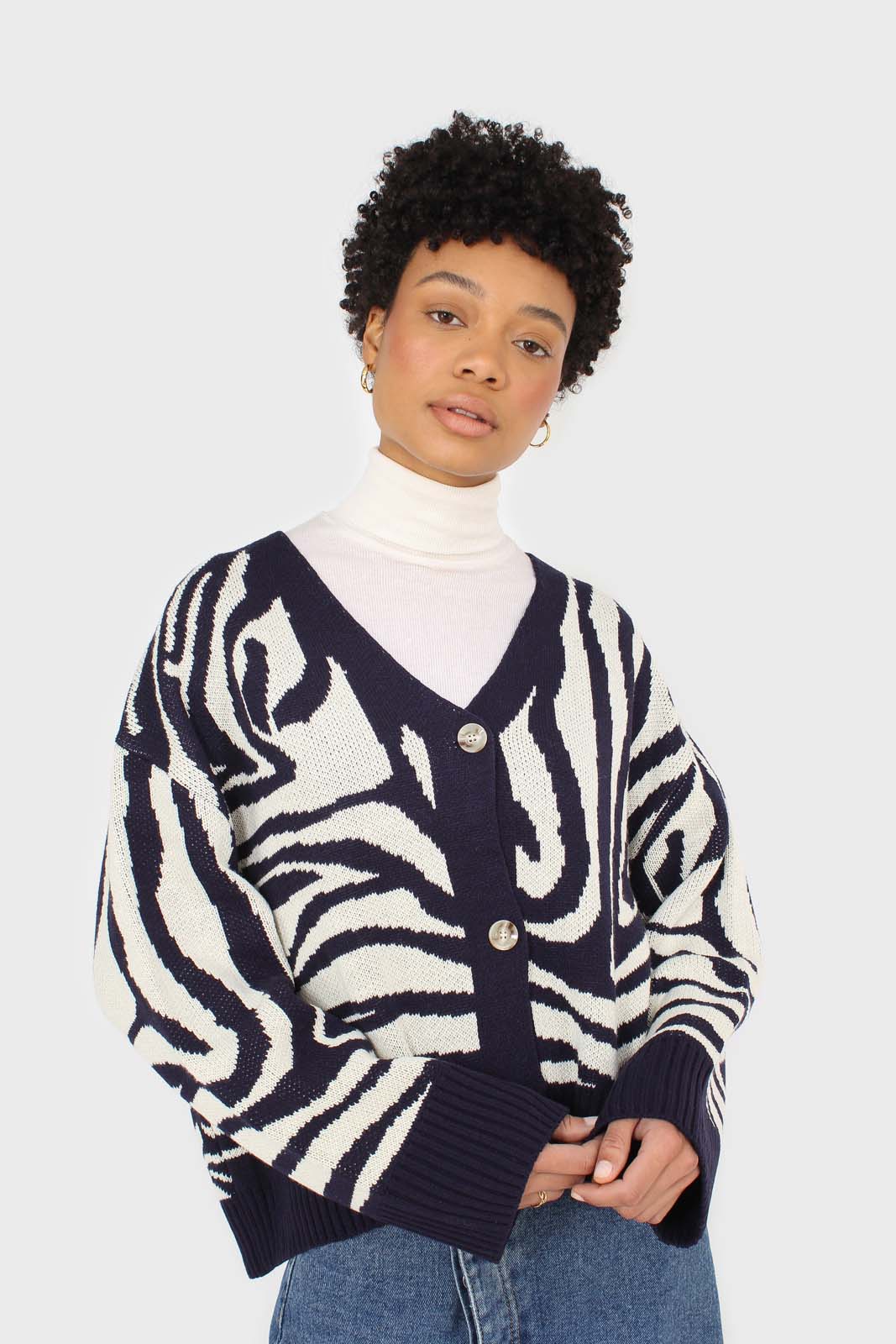Navy blue and ivory intarsia zebra cardigan_1