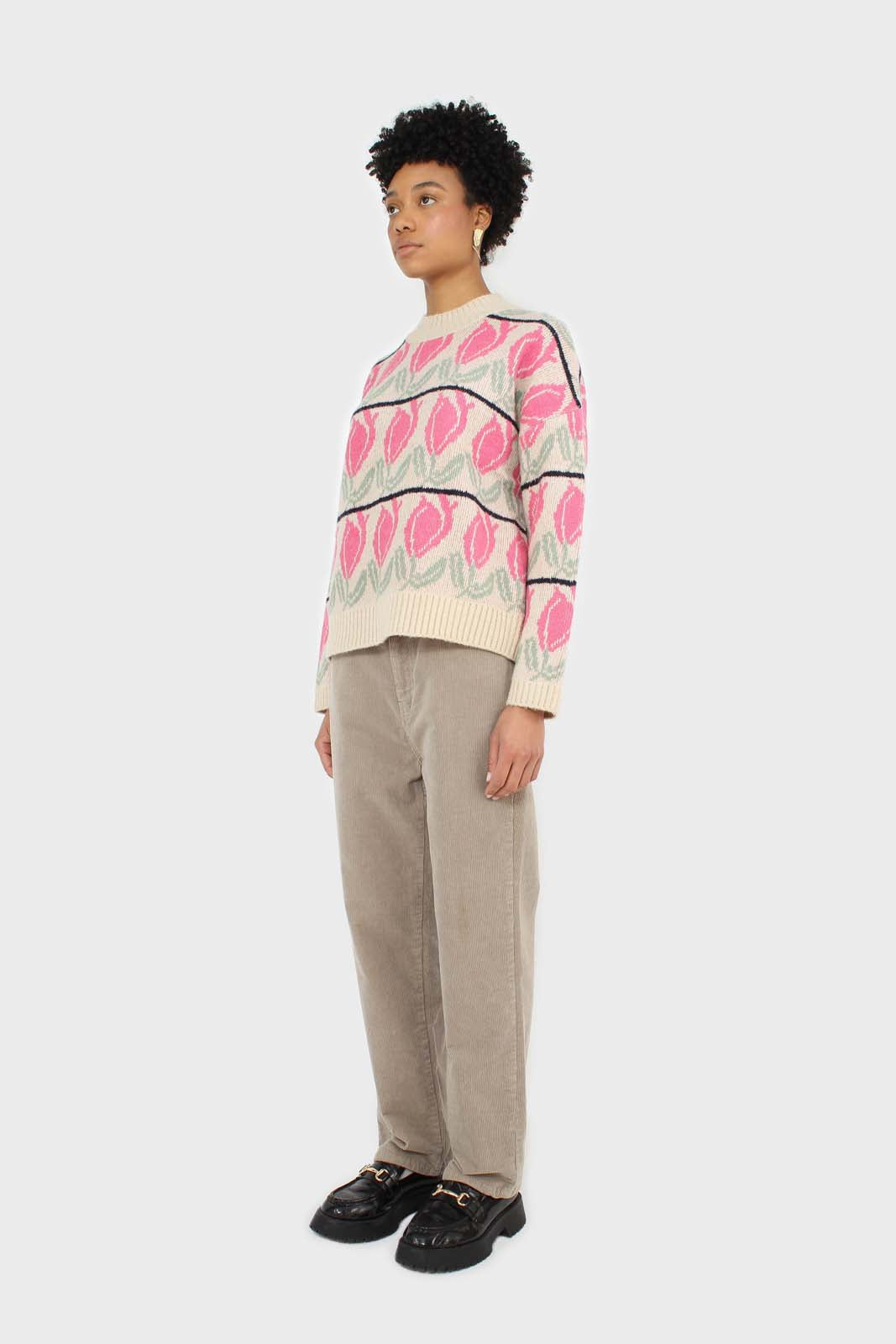 Oatmeal and pink intarsia tulip crew neck jumper_5