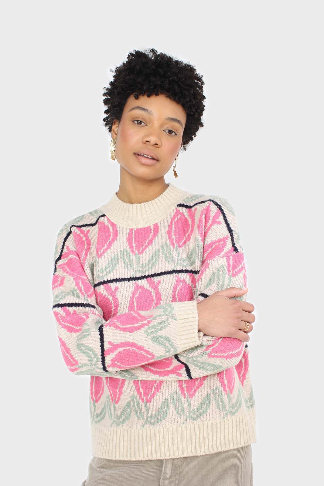 Oatmeal and pink intarsia tulip crew neck jumper_1