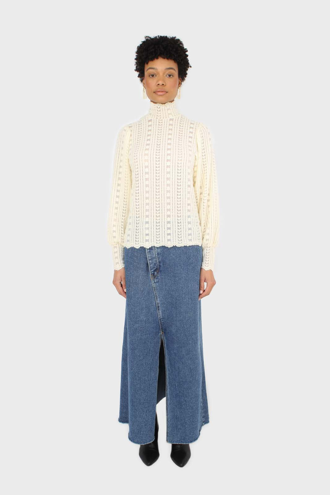 Beige fuzzy lace puff sleeve mock neck blouse_3