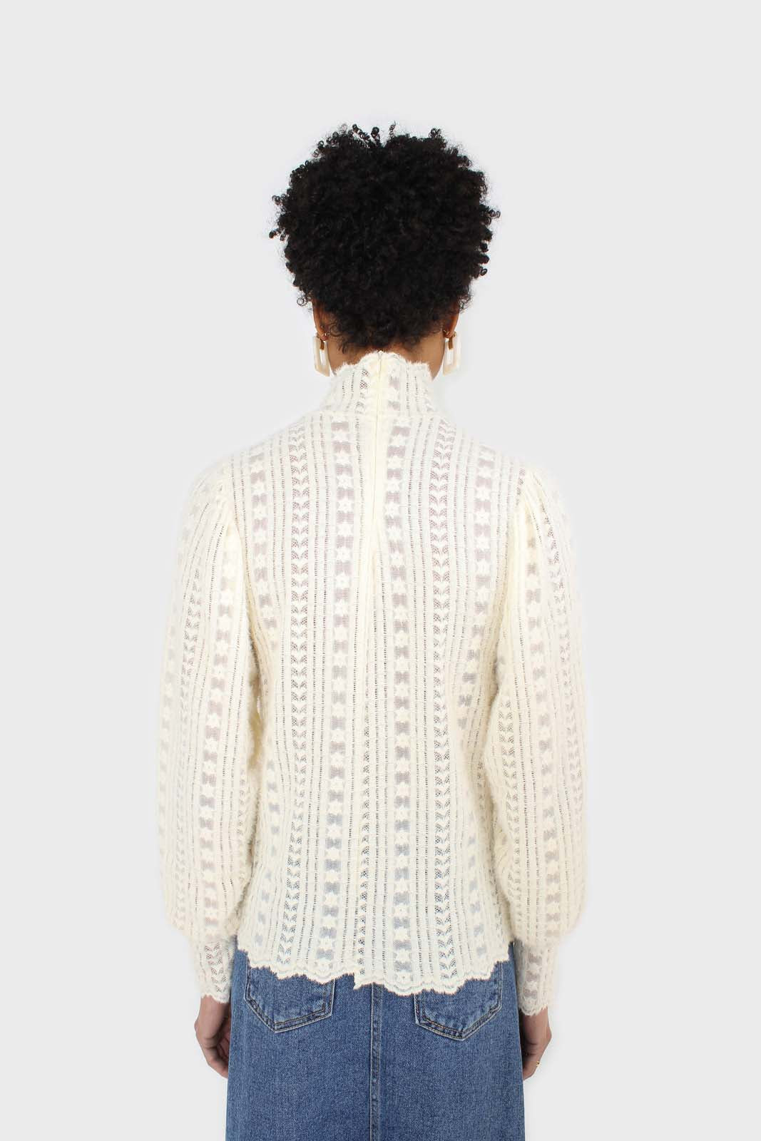 Beige fuzzy lace puff sleeve mock neck blouse_2