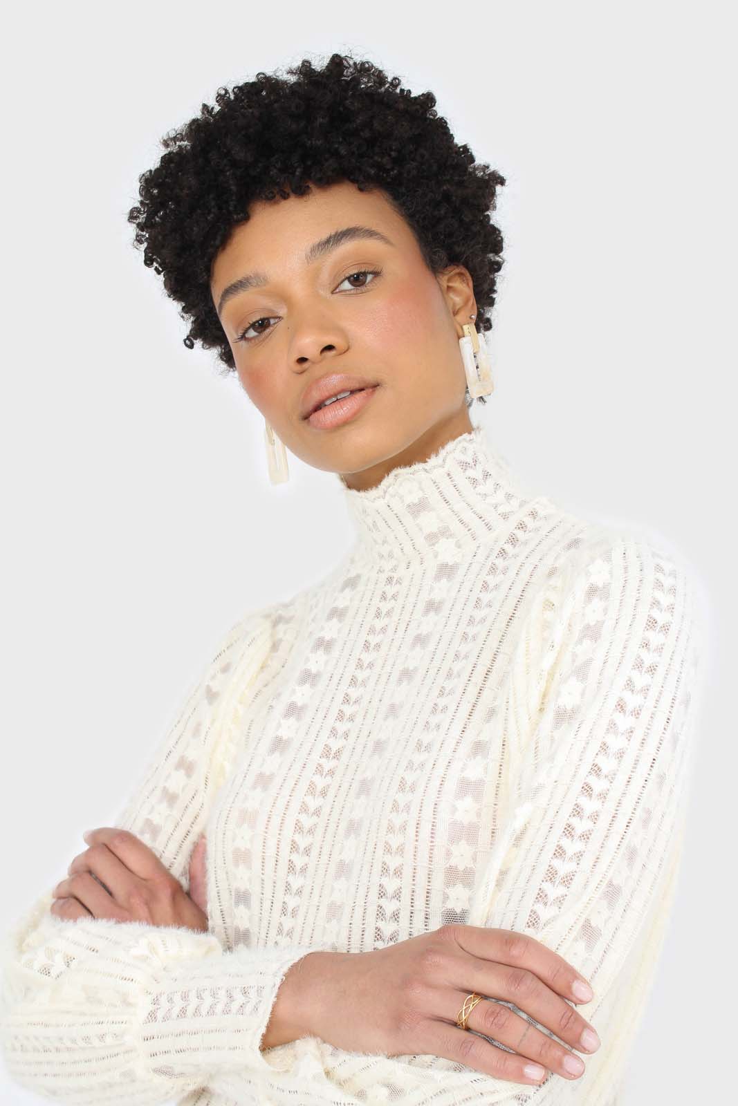 Beige fuzzy lace puff sleeve mock neck blouse_6