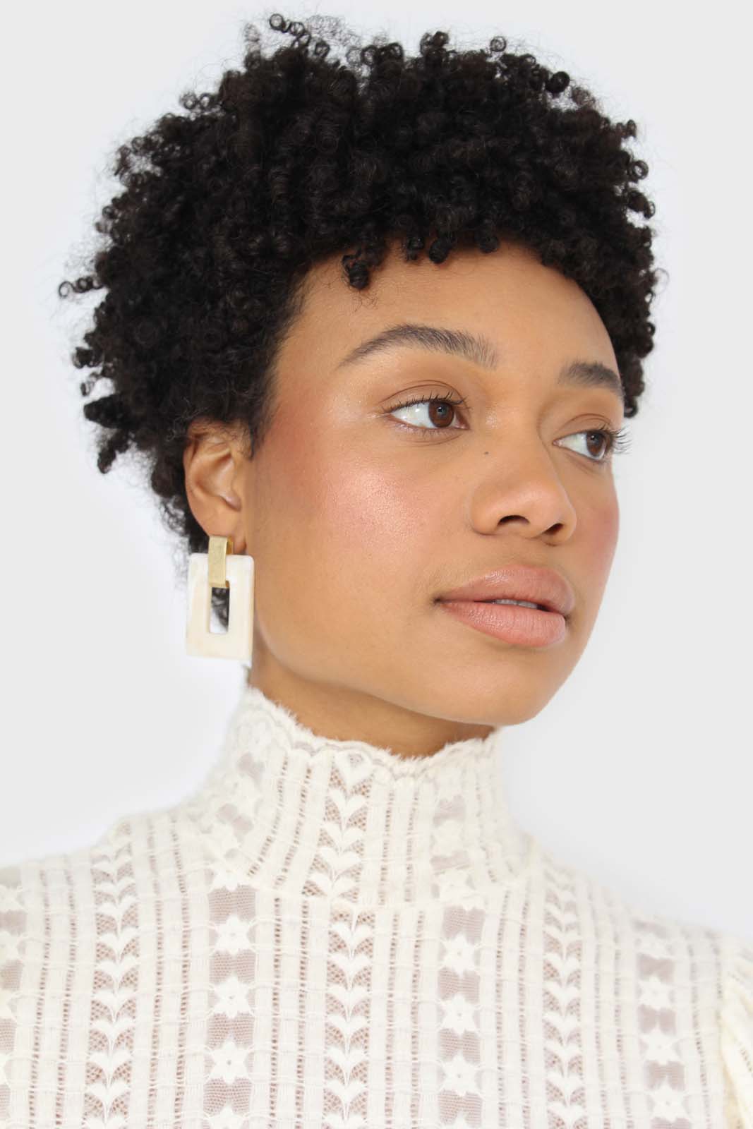 Beige fuzzy lace puff sleeve mock neck blouse_8