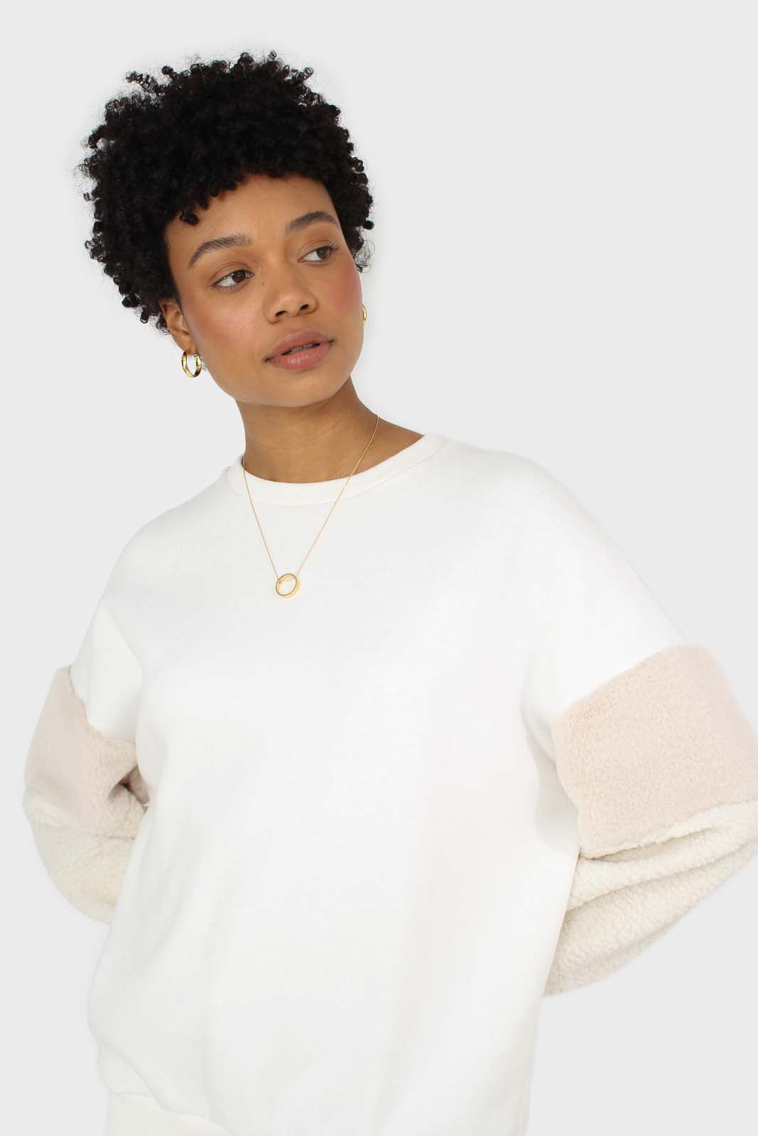 Ivory and beige faux fur sleeved sweatshirt_1