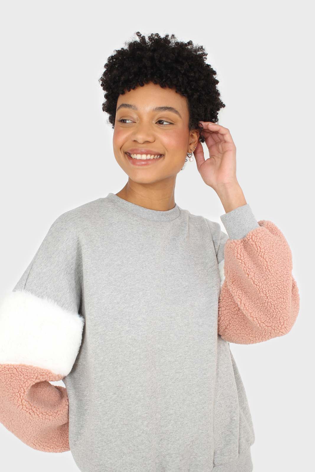 Grey and pink faux fur sleeved sweatshirt_1