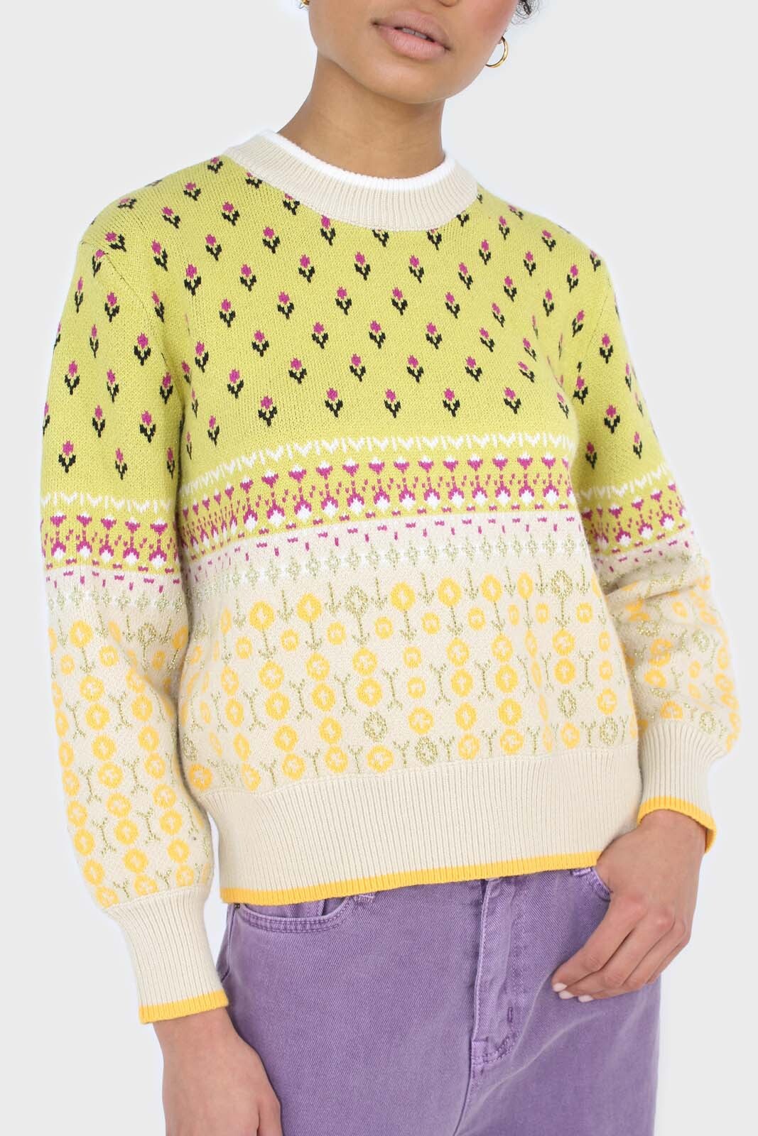 Yellow floral contrast colourblock jumper_7