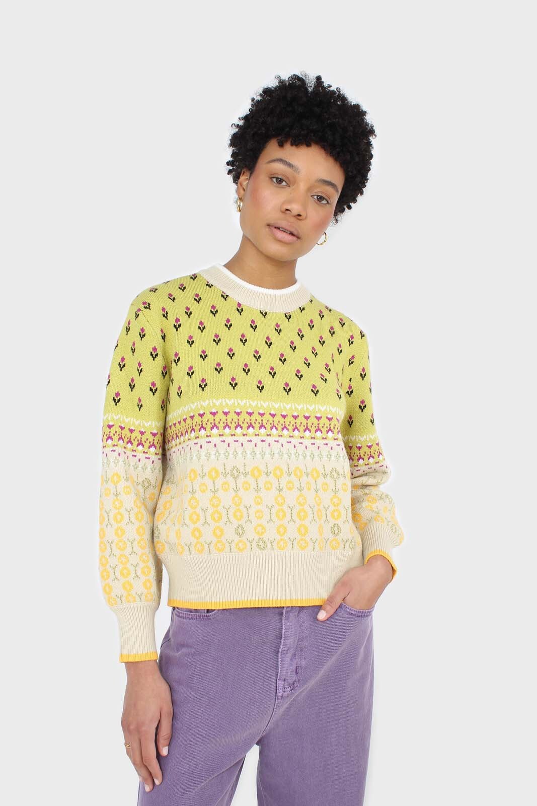 Yellow floral contrast colourblock jumper_1
