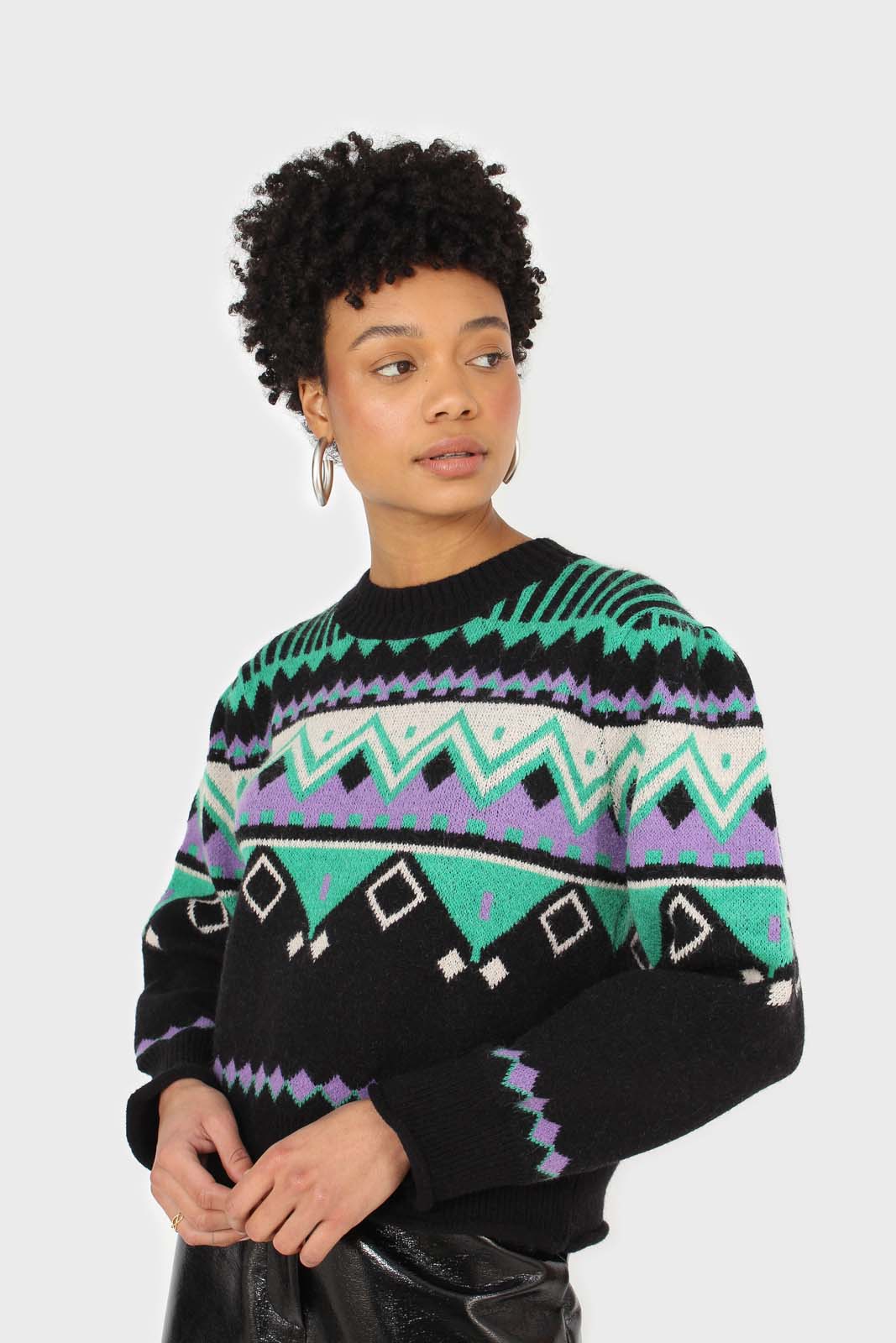Black zig zag puff sleeved jumper_1