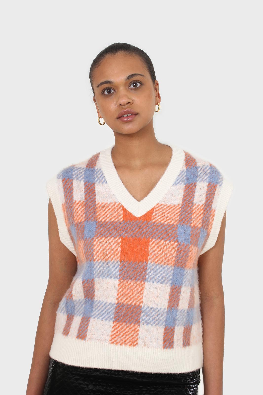 Ivory blue and orange brushed plaid sweater vest_1